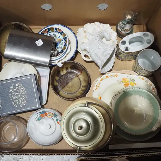 box; hip flask, biscuit barrel, plates etc