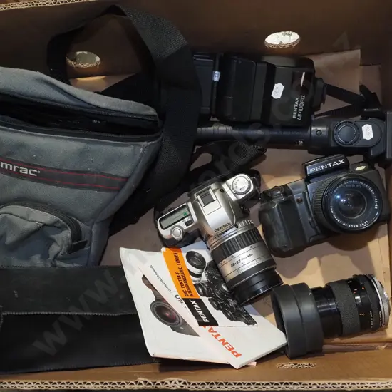 box; cameras, flashes, lenses etc