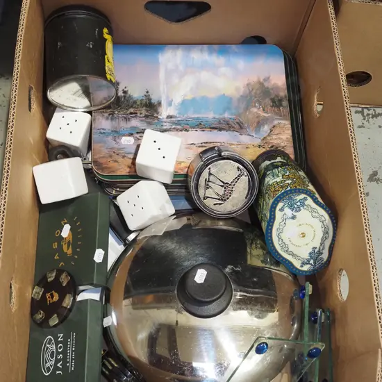 box; frying pan, placemats, salt and peppers etc