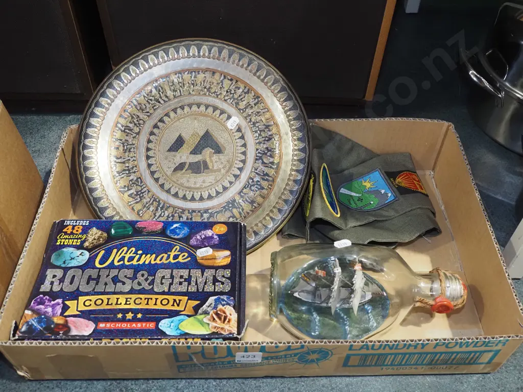 box; ship in a bottle, rocks, Egyptian tray etc Image 1++