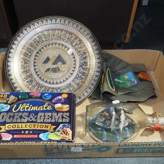 box; ship in a bottle, rocks, Egyptian tray etc