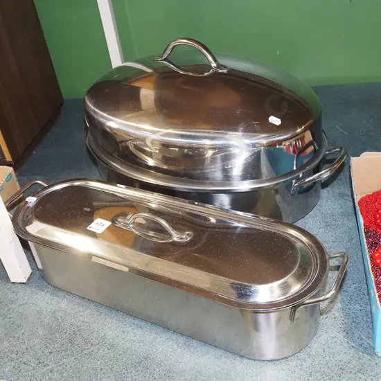 large stainless steel lidded roasting dish, fish poacher Diam450