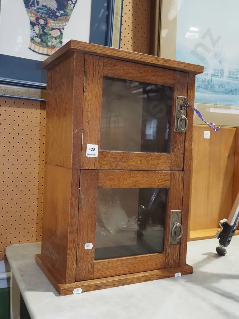 small art nouveau style oak  2 glazed door lockable cupboard H490 W325 D215 - key in cupboard Image 1++