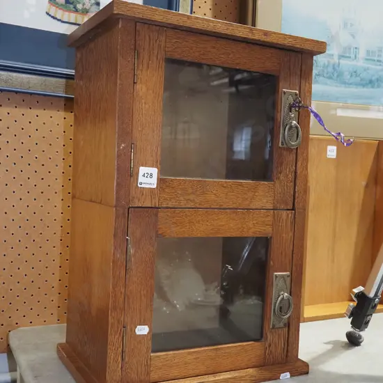 small art nouveau style oak  2 glazed door lockable cupboard H490 W325 D215 - key in cupboard