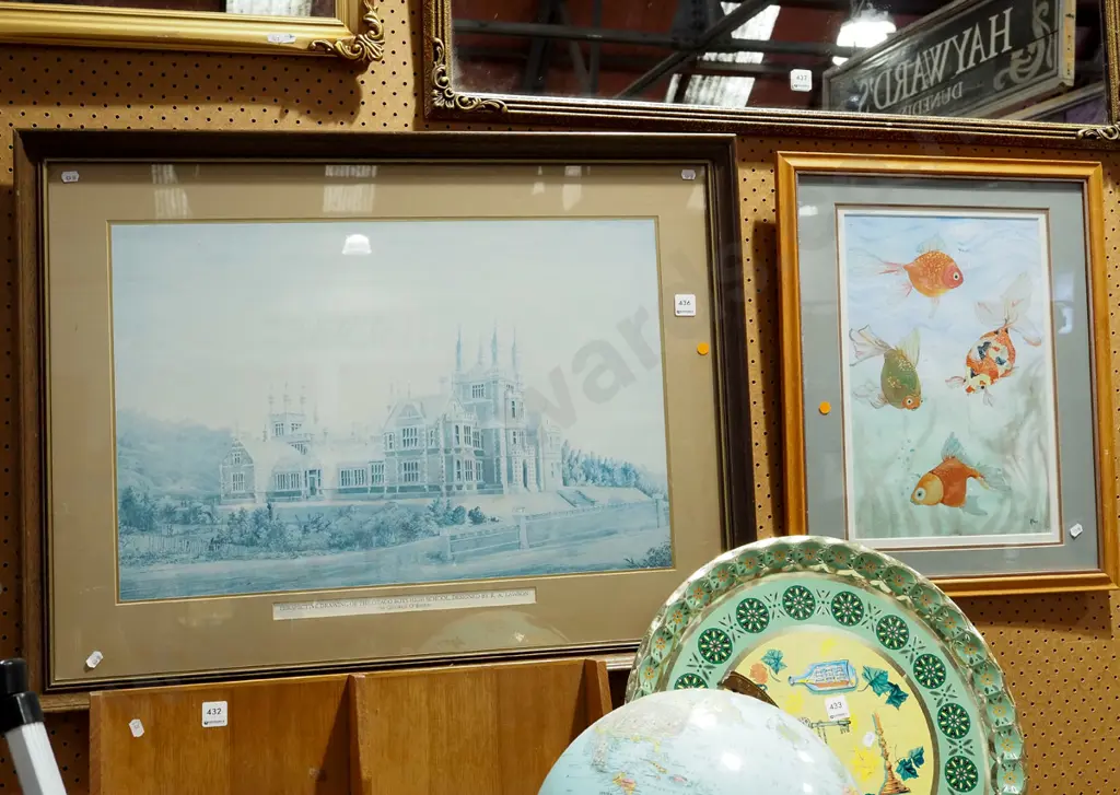 framed faded print -Otago Boys High , goldfish watercolour - orange dots Image 1++