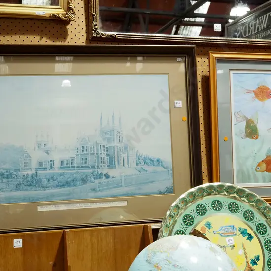 framed faded print -Otago Boys High , goldfish watercolour - orange dots