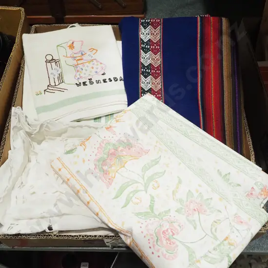 box; hand worked linen, tablecloths, napkins etc