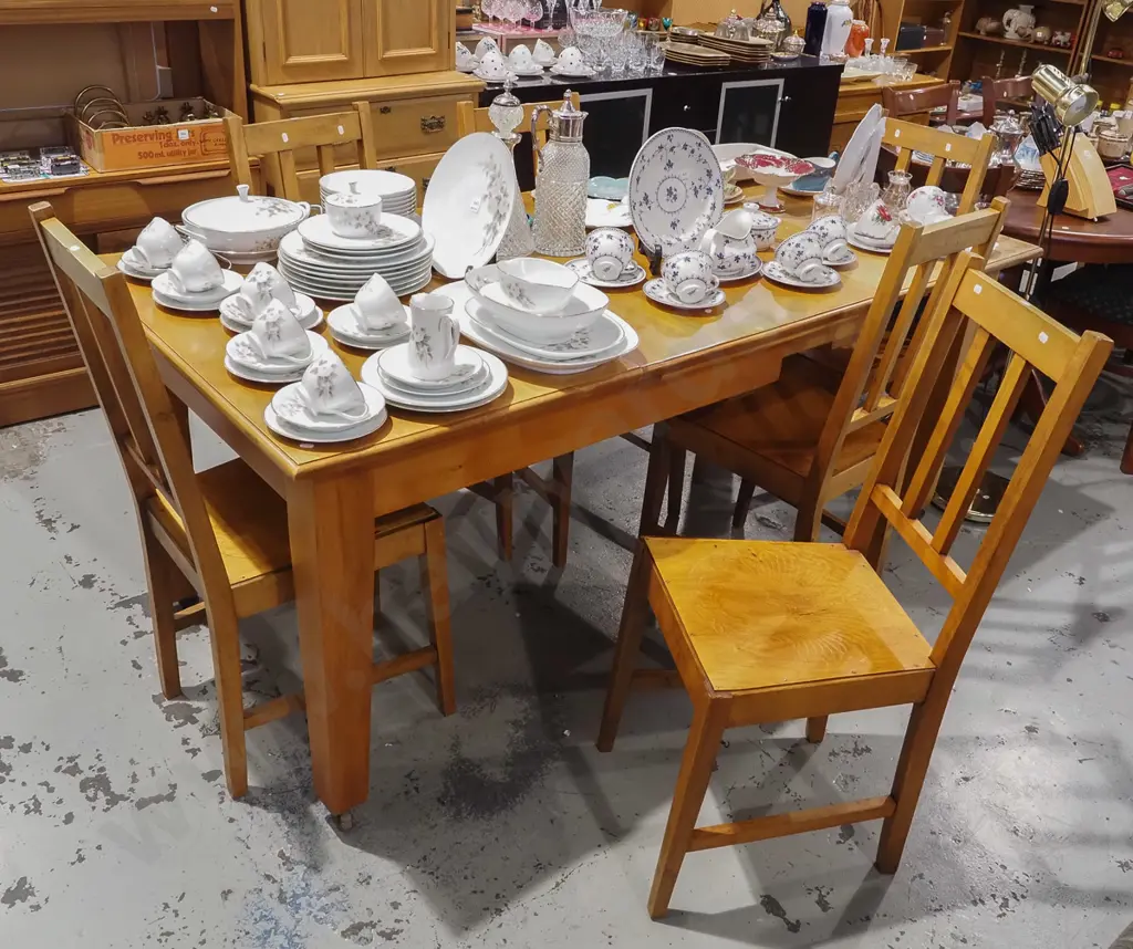 solid rimu extending dining table with 6 matching slat back pressed wood chairs Image 1++