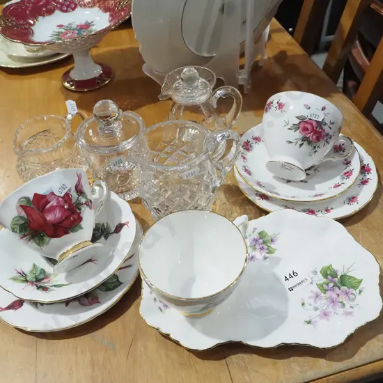 cut crystal jug, honey pot, trios, Delphine tennis set etc