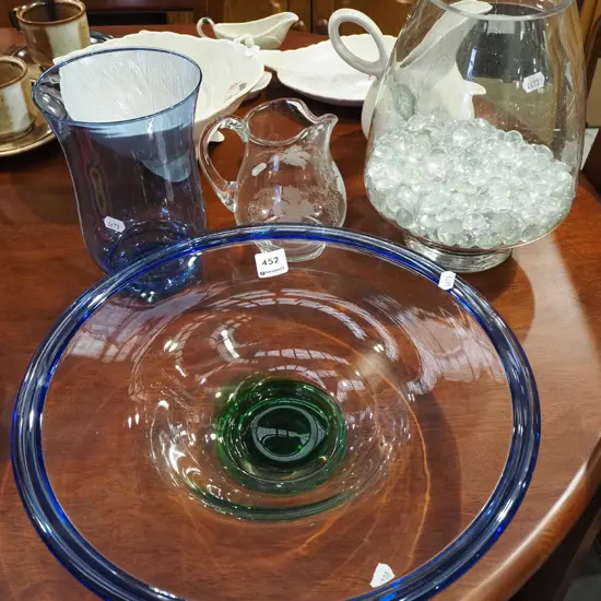 large glass bowl, 2x glass vases, grape etched jug