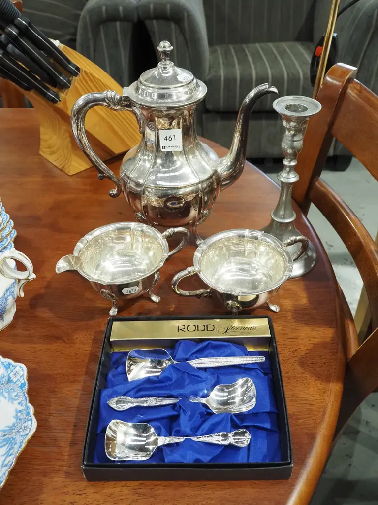 plated coffee pot, candlestick, creamer, sugar etc Image 1++