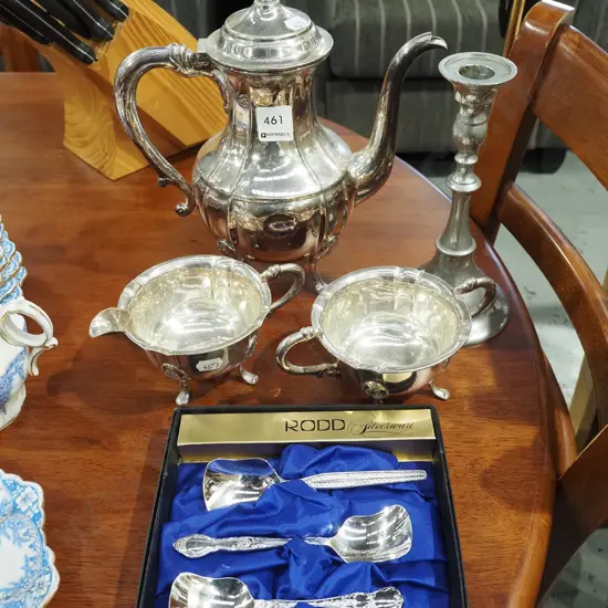 plated coffee pot, candlestick, creamer, sugar etc