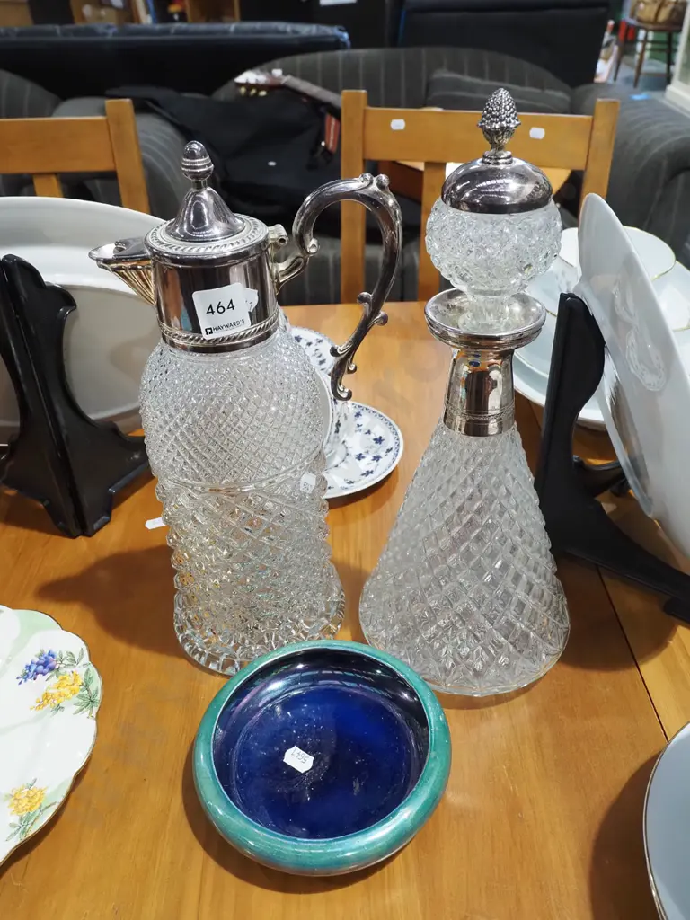 plated and glass stoppered decanter, claret jug, small Grimwades lustre bowl Image 1++