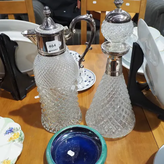 plated and glass stoppered decanter, claret jug, small Grimwades lustre bowl