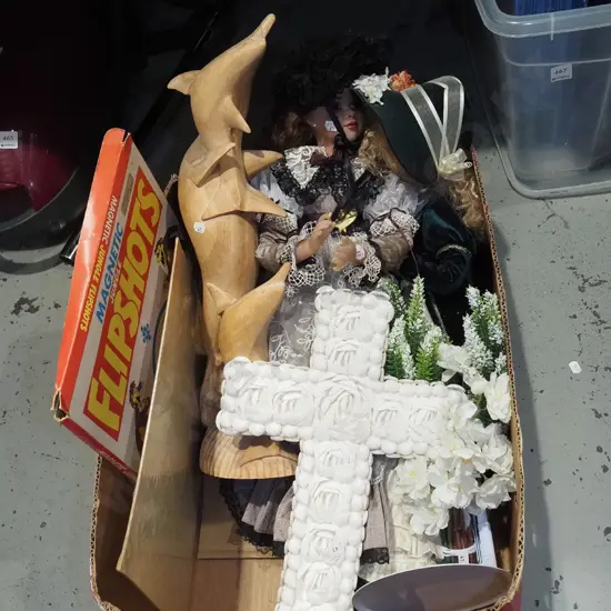 box; display dolls, carved wooden dolphin figurine etc
