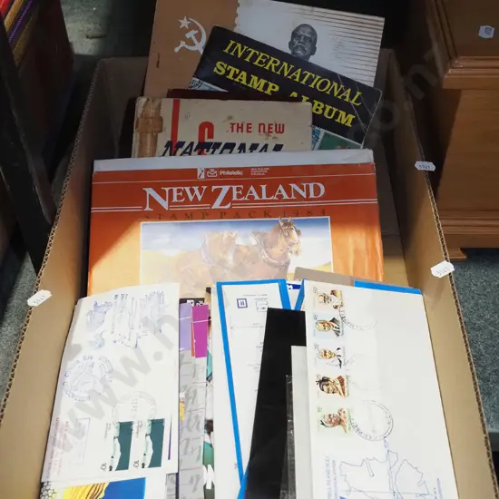 box; first day covers, stamp albums etc