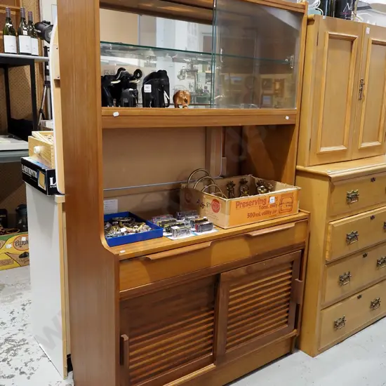 mid century veneer wall unit with 2 sliding louvre doors, 1 drawer, clear glass glass sliding doors