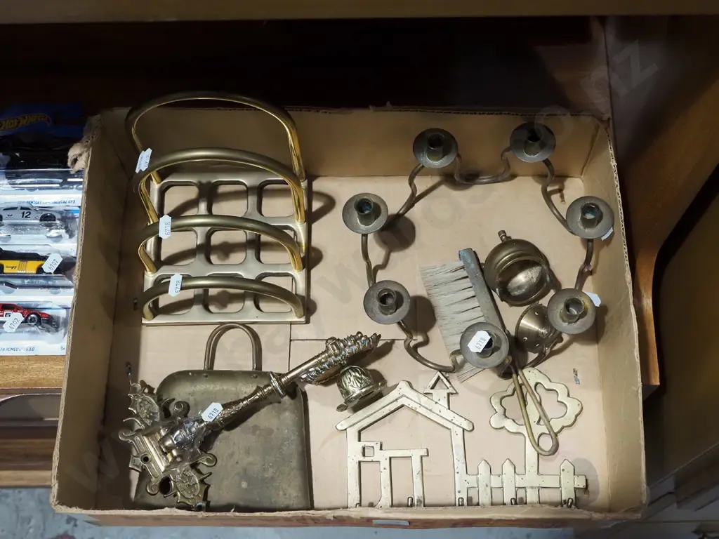 box; brass ware, candelabra, key hooks, crumb tray etc Image 1++