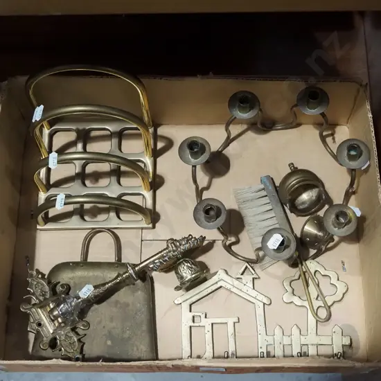 box; brass ware, candelabra, key hooks, crumb tray etc