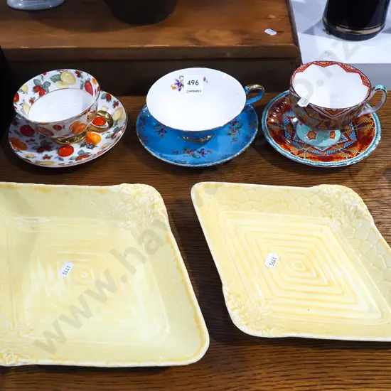 3x cups and saucers, 2x Crown Devon yellow diamond shaped  bowls