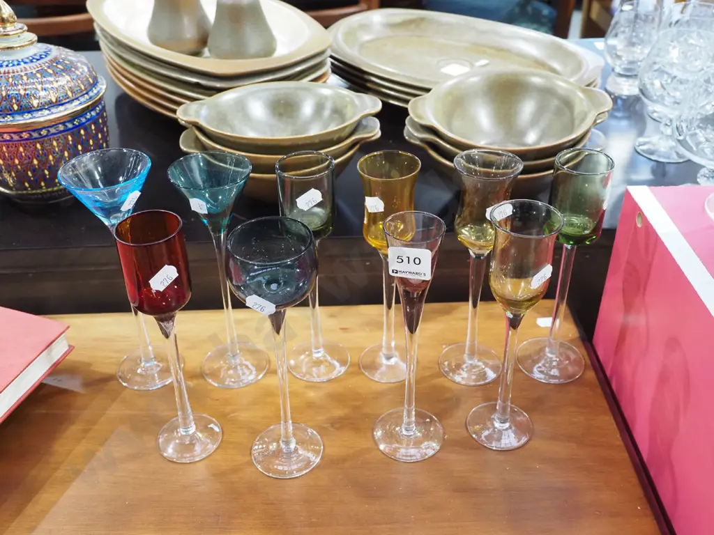 10x coloured glass long stemmed glasses H180 Image 1++