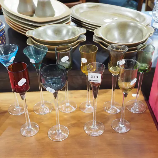 10x coloured glass long stemmed glasses H180