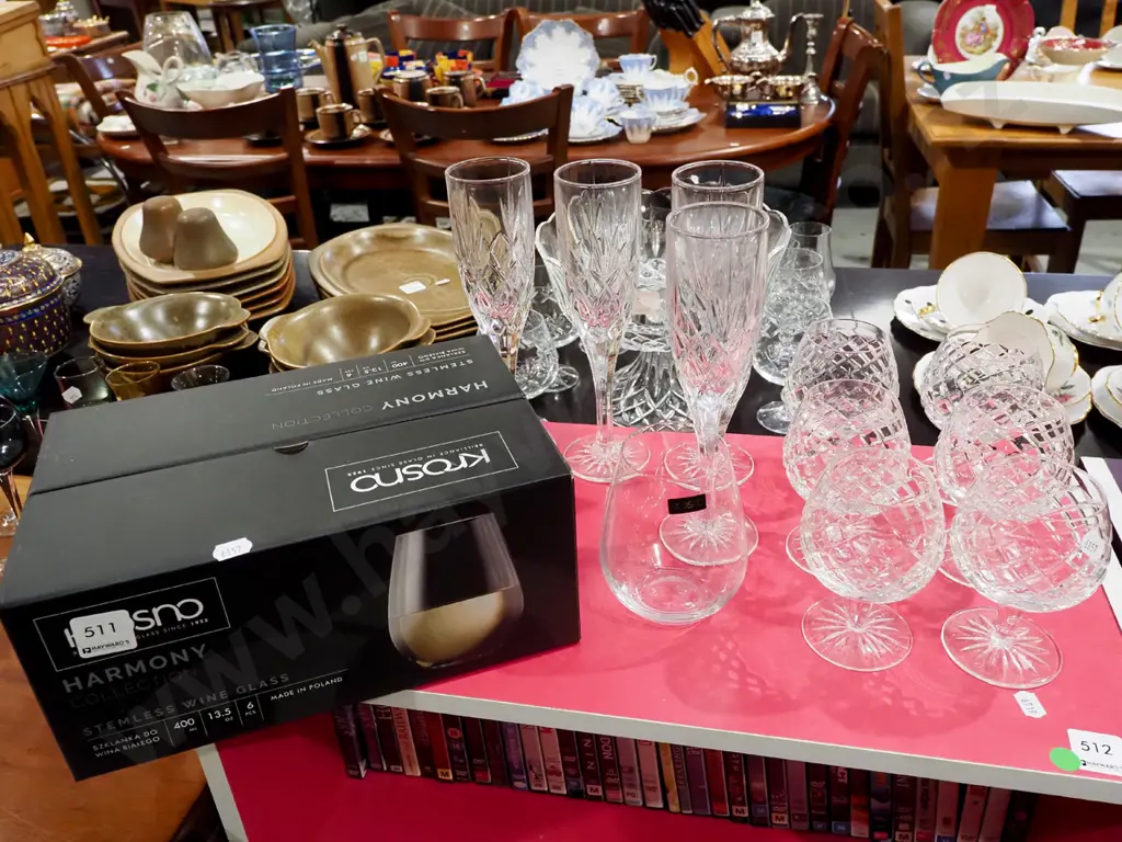 boxed as new Krosno crystal tumblers, 4x champagne flutes, 6x cut crystal goblets Image 1++