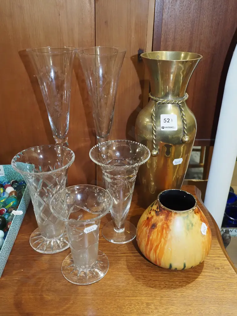 cut crystal vases, brass vase, champagne flutes, small English trickle glaze vase Brass vase H280 Image 1++