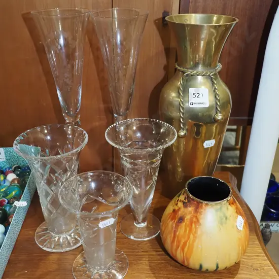 cut crystal vases, brass vase, champagne flutes, small English trickle glaze vase Brass vase H280