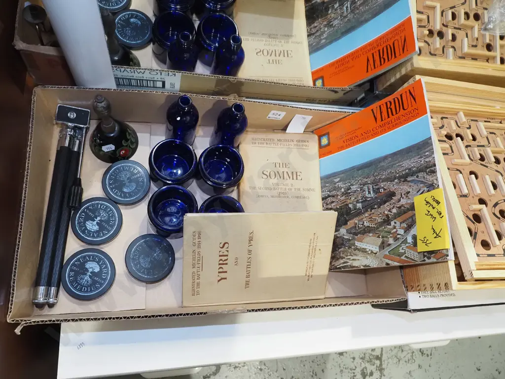 box; small camera tripod, blue glass chemist jars, bell etc Image 1++