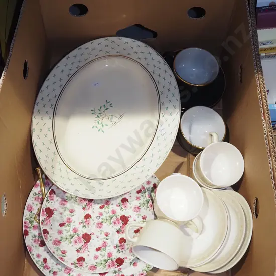 box; ashet, cake plates, cups and saucers