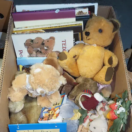 box; teddy bears, books and ornaments