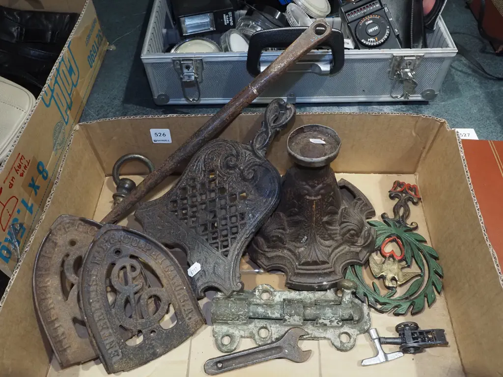 box; cast iron sad iron stands, kerosene lantern base, brass door bolt etc Image 1++