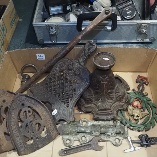 box; cast iron sad iron stands, kerosene lantern base, brass door bolt etc