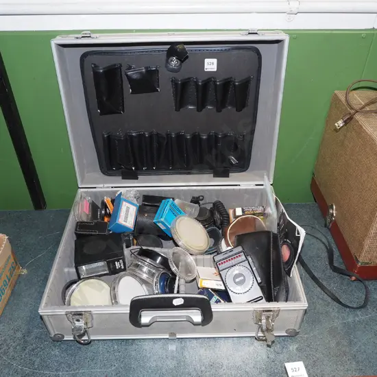 alloy photo equipment case with numerous filters & accessories, light meter, flash etc.