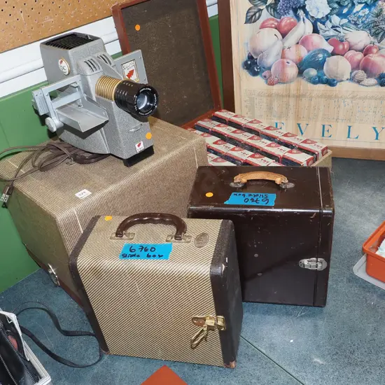 vintage TDC Duo slide projector with hard case, 2 slide storage cases and box of empty slide trays - orange dots
