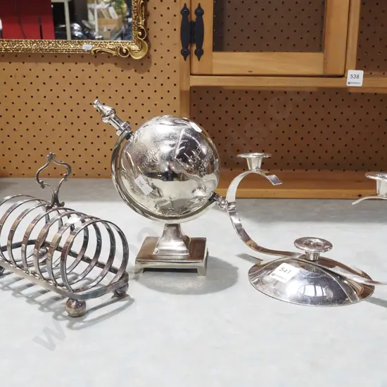 chrome globe, toast rack, candelabra