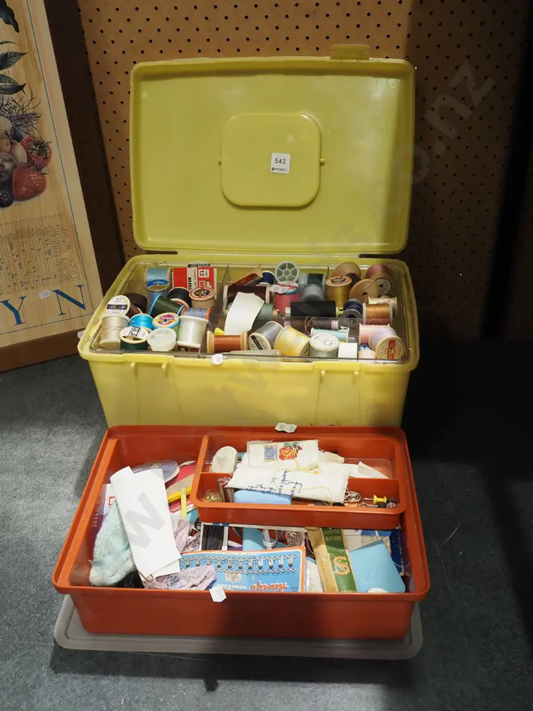 yellow sewing box, tupperware; threads, needles, hooks etc Image 1++