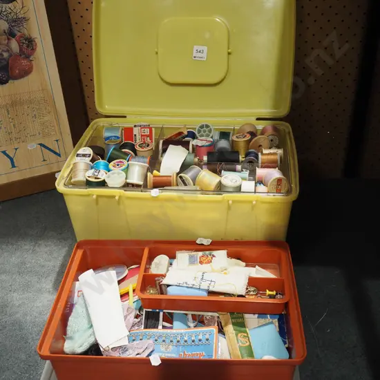 yellow sewing box, tupperware; threads, needles, hooks etc