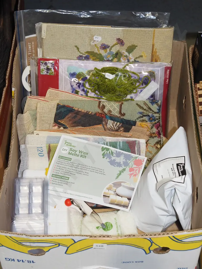 box; needlework kits, various waxes, soy wax melt kit etc Image 1++