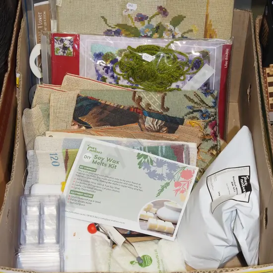 box; needlework kits, various waxes, soy wax melt kit etc