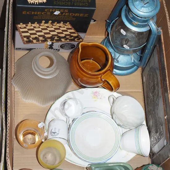 box; hurricane lantern, chess set etc