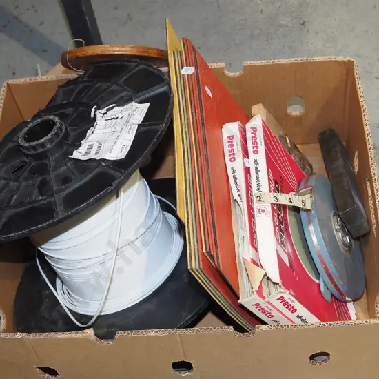 box; electrical cables, vinyl tiles, tape measures etc