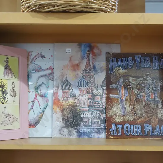 3x prints on tin, framed tiles