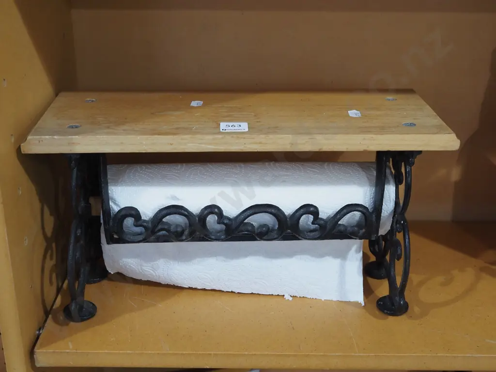 cast iron and wood paper towel dispenser Image 1++