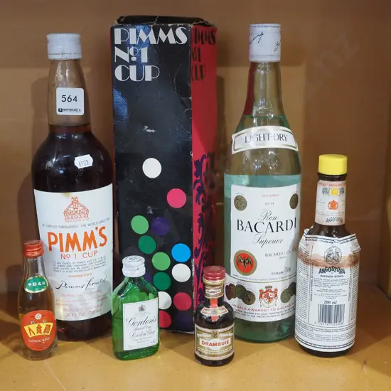 bottle of Barcardi, Pimms, Bitters etc