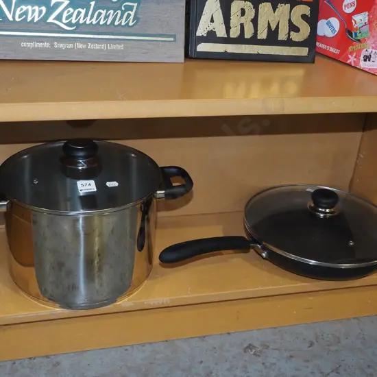 frying pan, glass lidded stock pot