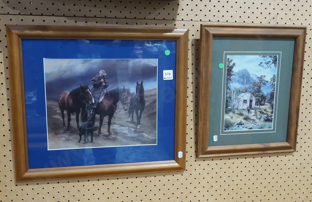2x framed prints - stockmen and horses , hut - green dots Image 1++