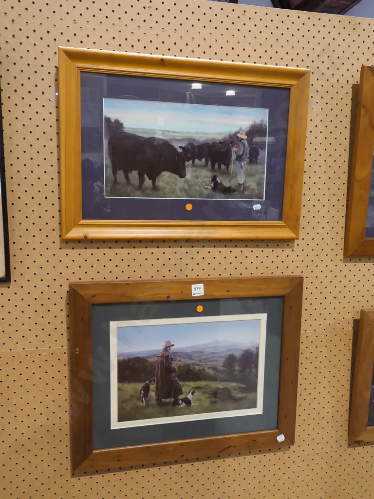 2x framed prints- stockmen with cattle and dog - orange dots Image 1++