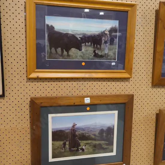 2x framed prints- stockmen with cattle and dog - orange dots